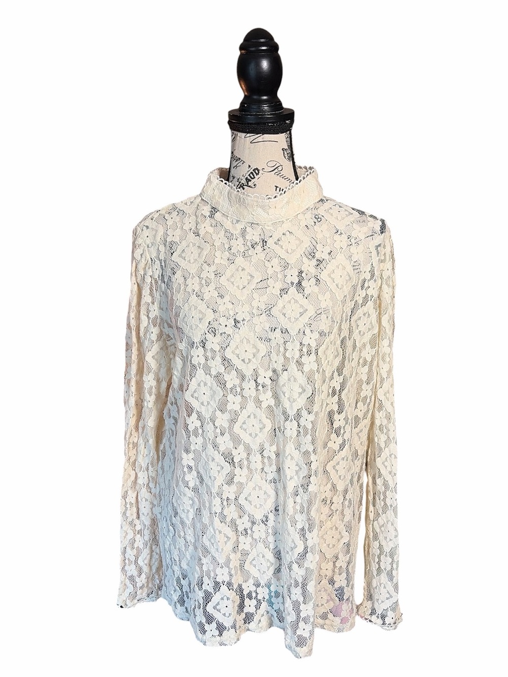 Cream Floral Lace Mock Neck Sheer Long Sleeve Blouse 2XL NWOT